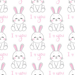 Seamless pattern with cartoon bunnies for kids. Abstract art print. Hand drawn background with cute animals.