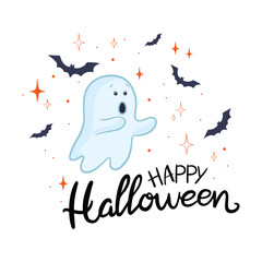 Flying ghost spirit. Happy Halloween. Scary white ghosts. Cute cartoon spooky character. Smiling face, hands. Greeting card.