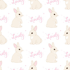 Pattern with cute little bunnies and hearts on white background.
