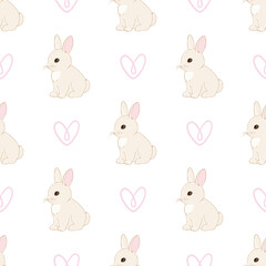 Pattern with cute little bunnies and hearts on white background.