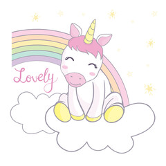 Obraz na płótnie Canvas Cute magical unicorn on rainbow. Cartoon fairytale character for greeting card, invitation, print, poster.