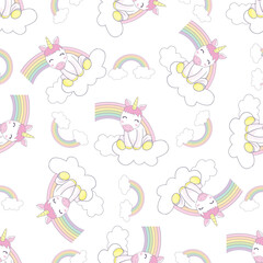 Unicorn pattern. Vector seamless pattern with white unicorns, rainbow and stars.
