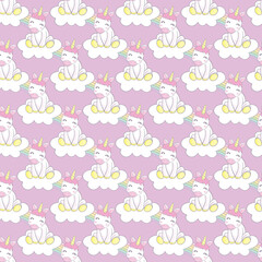 Unicorn pattern. Vector seamless pattern with white unicorns, rainbow and stars.