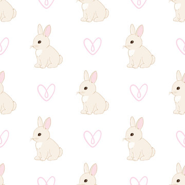 Pattern with cute little bunnies and hearts on white background.