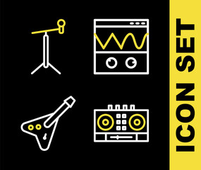 Set line Oscilloscope, DJ remote and mixing music, Electric bass guitar and Microphone with stand icon. Vector