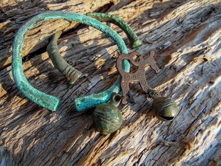 Bronze decorations of Eastern Europe, 8th-10th centuries. AD: bracelets and pendant - fierce beast, early Slavs, Kievan Rus