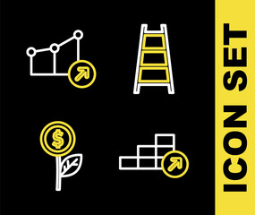 Set line Stair with finish flag, Financial growth, Dollar plant and icon. Vector