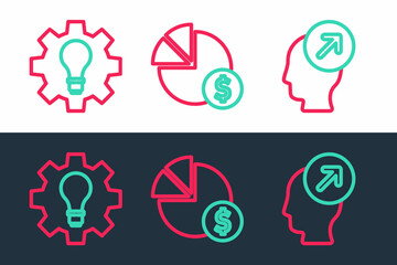 Set line Head hunting concept, Light bulb and gear and Pie chart dollar icon. Vector