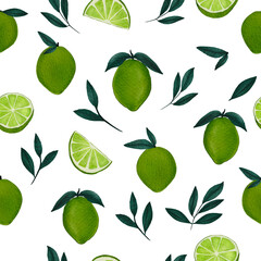 Watercolour Tropical Lime and Green Branch design Seamless Pattern on white background. Hand Drawing repeat Wallpaper Citrus Fruit , full and cut, green leaves. Vector Illustration