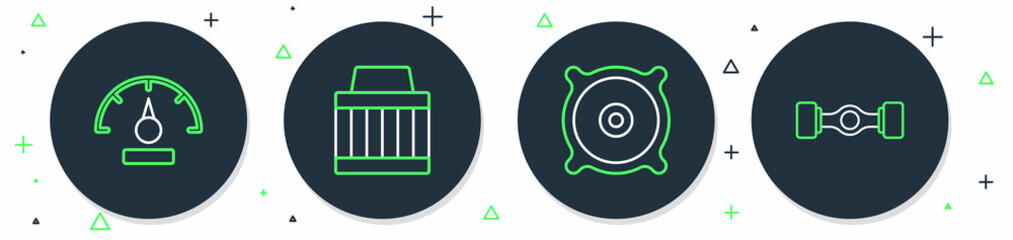 Set line Car air filter, audio speaker, Speedometer and Chassis car icon. Vector
