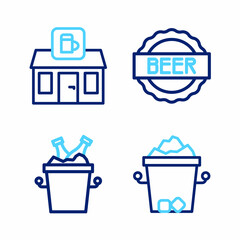 Set line Ice bucket, Beer bottles in ice, Bottle cap with beer and Store building of shop icon. Vector