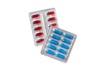 Group of blister capsule pills on isolated white background top view