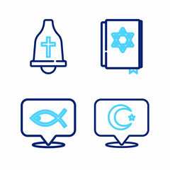 Set line Star and crescent, Christian fish, Jewish torah book and Church bell icon. Vector