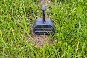Mole trap set on the lawn, close-up image - obrazy, fototapety, plakaty