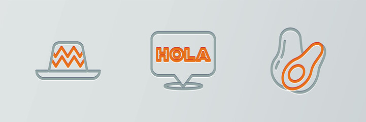Set line Avocado fruit, Mexican sombrero and Hola icon. Vector © vector_v
