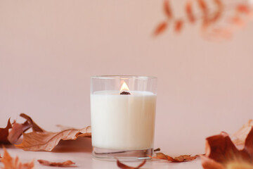 Burning vanilla candle on beige background. Warm aesthetic autumn composition with and dry leaves and flowers. Home comfort, spa, relax and wellness concept. Interior decoration