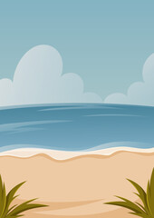 Fototapeta na wymiar Background with seascape. Beach, sea, plants and sky with clouds. Vector illustration, cartoon nautical style. For banner, poster, postcard, flyer.