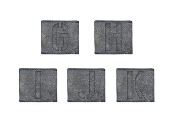 Leather labels Latin alphabet. Classic denim ABC tags on white background. Part 2