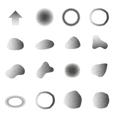 collection of abstract and geometric shapes with stipple gradient effect isolated on white background, design element vector illustration