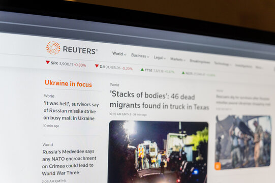 Reuters web page on PC screen. Reuters is one of the largest news agencies in the world. The agency was founded in London in 1851 by German-born Paul Reuter. Mykolaiv, Ukraine - 06 28 2022