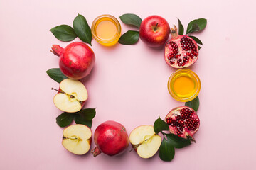 Rosh hashanah concept. Frame made of symbols jewish New Year holiday Traditional. Top view with copy space