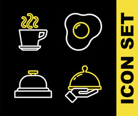 Set line Scrambled eggs, Covered with tray of food, Hotel service bell and Coffee cup icon. Vector