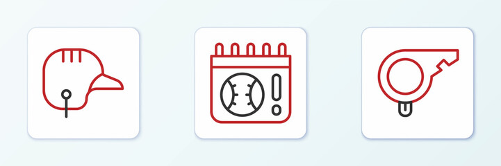 Set line Whistle, Baseball helmet and Calendar with baseball game icon. Vector