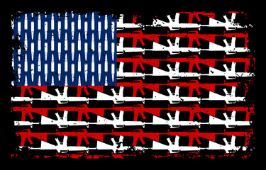 American warrior t-shirt design with USA flag and gun vector. Assault rifles, sniper rifles and bullet shape of American flag vector illustration.