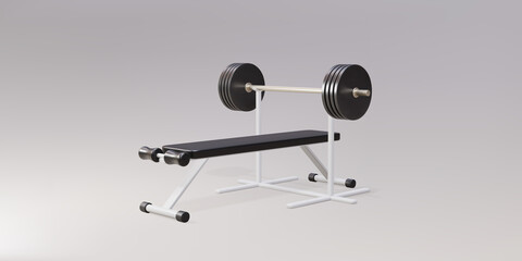 3d realistic gym bench and barbell on white stand isolated on gray background. Vector illustration.