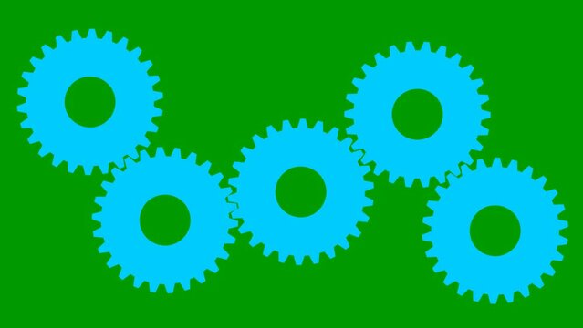 Animated Blue Gears Spin. Flat Symbol. Concept Of Connection, Teamwork, Communication. Vector Illustration Isolated On Green Background.
