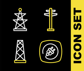 Set line Electric tower, plug, Antenna and icon. Vector