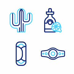 Set line Wrestling championship belt, Burrito, Tequila bottle with lemon and Cactus icon. Vector