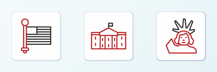 Set line Statue of Liberty, American flag and United States Capitol Congress icon. Vector © vector_v