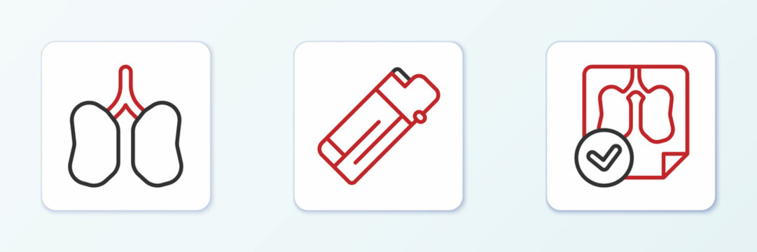 Set line Lungs x-ray diagnostics, and Lighter icon. Vector