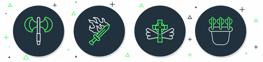 Set line Sword for game, Christian cross, Medieval poleaxe and Quiver with arrows icon. Vector