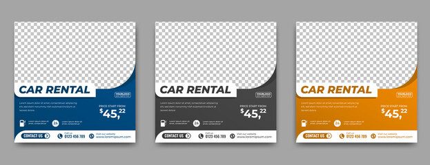 Set of editable social media template for car rental promotion. Flat design vector with place for the photo. Usable for social media, story and web internet ads.