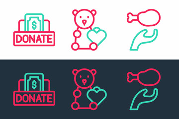 Set line Donation food, and charity and Donate child toys icon. Vector