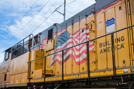 Union Pacific Railroad slogan, logo and American flag on the side of a locomotive on June 30, 2022 in New Orleans, LA, USA