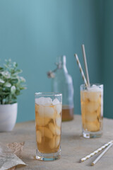 A cocktail of iced tea and strong drinks. Summer refreshing content