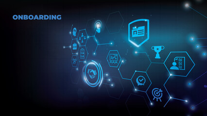 Onboarding vector illustration. Concept with connected icons related to welcoming new hire, welcome culture in the company, employee satisfaction, talent retention, workforce training.