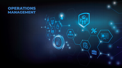 Operations management vector illustration. Blue concept related to organization, project planning and strategy, material flow, input and output