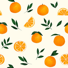 Cute Simple Watercolour Tropical Orange Fruit and Green Leaves design. Seamless Pattern on white background. Hand Drawing repeat Citrus Fruit , full and cut, green branch leaves. Vector Illustration