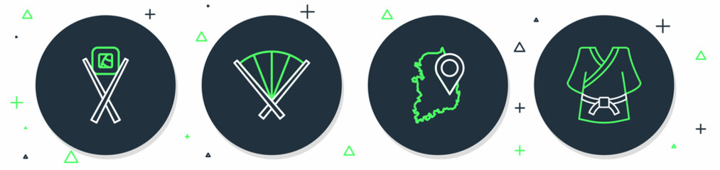 Set line Traditional fan, South Korea map, Sushi with chopsticks and Kimono icon. Vector