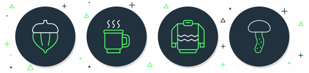 Set line Cup of tea, Sweater, Acorn and Mushroom icon. Vector