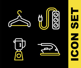 Set line Electric extension, iron, Blender and Hanger wardrobe icon. Vector