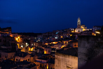 Scenic skyline of Sassi di Matera at night, Southern Italy