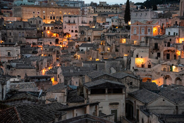 Scenic skyline of Sassi di Matera at night, Southern Italy