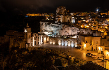 Famous church of Saint Peter Caveoso in Matera at night, Southern Italy