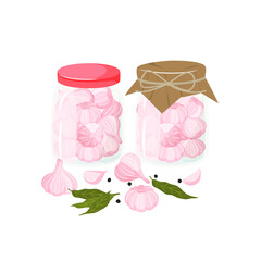 Pickled garlic with spices in a jar. Homemade preserves of garlic. Preparing and Preserving Food. Canned natural healthy products vector illustration.