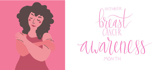 October Breast Cancer Awareness Month campaign web banner. Woman Handwritten lettering vector art.